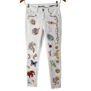 Rocks & Indigo Women's Embroidered Skinny Jeans 2/25 White Raw Hem Stretch Denim